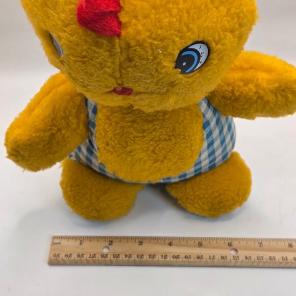 Vintage 1980s Plush Chick Yellow Stuffed Animal in Blue Gingham Romper Haiti - Picture 12 of 13